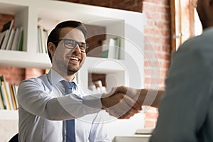 Smiling businessman shake hand of business client at meeting