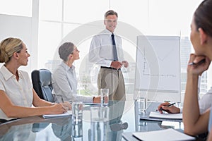 Smiling businessman standing in front of a whiteboard