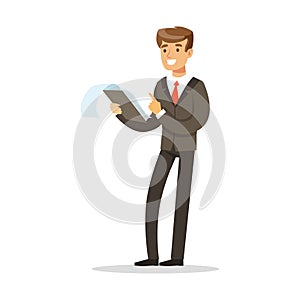 Smiling businessman standing and holding notepad vector Illustration