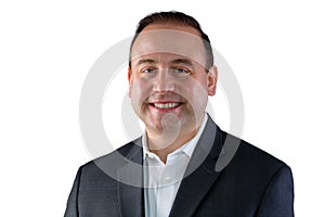 Smiling businessman in suit with copy space