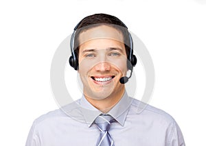 Smiling businessman talking on headset