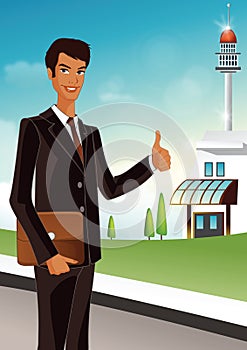 smiling businessman with thumb up. Vector illustration decorative design