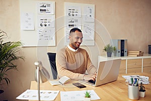 Smiling Businessman Working Office. Positive Guy Typing Computer Alone