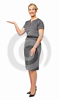 Smiling Businesswoman Displaying Invisible Product