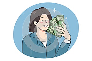 Smiling businesswoman hold dollar banknotes in hands