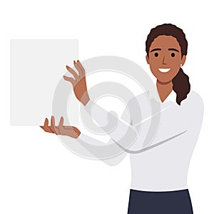 Smiling businesswoman showing folder with white mockup paper. Happy woman employee demonstrate paperwork completed task at