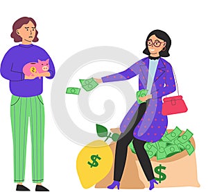 Smiling businesswoman sitting on bags full of money. Rich woman hold dollars bills in her hand