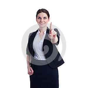 Smiling businesswoman standing over white isolated background