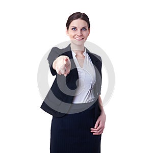 Smiling businesswoman standing over white isolated background