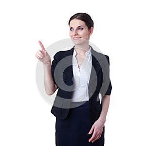 Smiling businesswoman standing over white isolated background