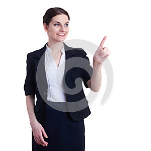 Smiling businesswoman standing over white isolated background