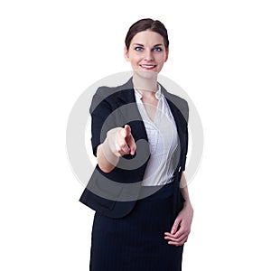 Smiling businesswoman standing over white isolated background