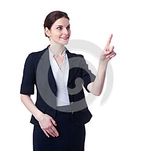 Smiling businesswoman standing over white isolated background