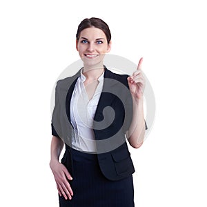 Smiling businesswoman standing over white isolated background photo