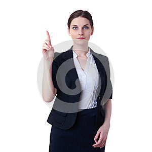 Smiling businesswoman standing over white isolated background photo