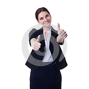 Smiling businesswoman standing over white isolated background