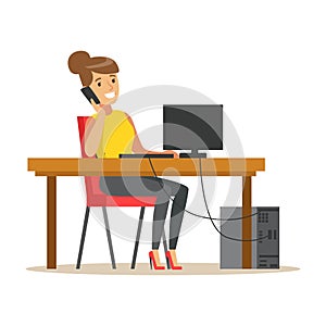 Smiling businesswoman talking on her smartphone while working on her computer, colorful character vector Illustration