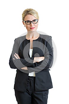 Smiling businesswoman weared eyeglasses isolated