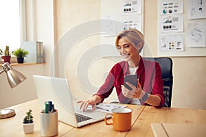 Smiling Businesswoman Working Laptop At Office. Positive Lady Using Computer