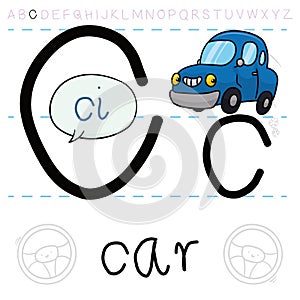 Smiling Car Learning the Letter C of Alphabet, Vector Illustration