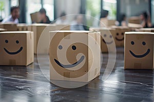 Smiling cardboard boxes with blurred office background