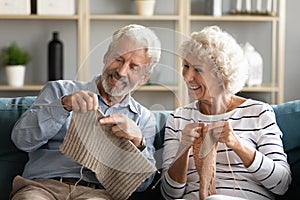Smiling carefree caucasian old family couple knitting together.