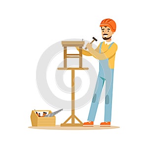 Smiling carpenter building a wooden chair, professional wood jointer character vector Illustration