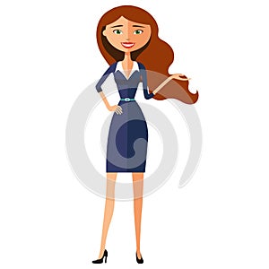 Smiling carroty business girl presents something. Presenting and