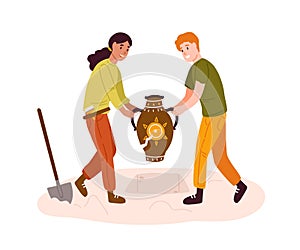 Smiling cartoon archeologists digging out prehistoric vase vector illustration. Man and woman making archaeological