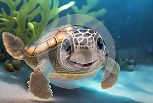 Smiling cartoon baby turtle with big eyes close-up on a background of algae and sand.Stylized cute sea turtle.