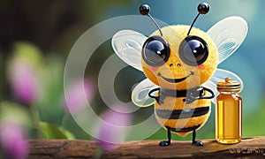 Smiling Cartoon Bee with Honey