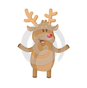 Smiling cartoon brown reindeer raising hands. Christmas card element. Flat vector illustration. Isolated on white