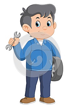 smiling Cartoon Car mechanic, holding wrench and tire