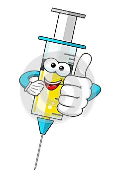 Smiling cartoon character mascot medical syringe vaccine thumb up vector illustration isolated