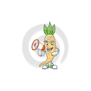 Smiling cartoon character of salsify with megaphone