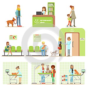 Smiling Cartoon Characters Bringing Their Pets For Vet Examination In Veterinary Clinic Set Of Illustrations