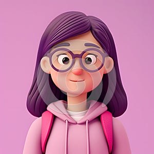 Smiling Cartoon Female Student Avatar With Purple Hair and Glasses. Generative AI