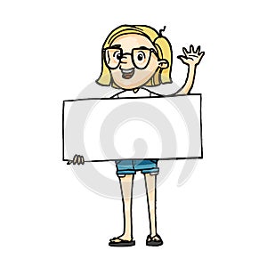 Smiling cartoon girl holding a blank board and greeting. Vector isolated hand drawn character with empty white banner for inscript photo
