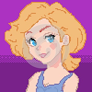 Smiling cartoon girl in pixel art style. Color illustration