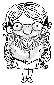 Smiling cartoon little girl with glasses standing and reading a book. Isolated line art vector illustration. Coloring book page