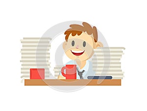 Smiling cartoon male character behind the desk with pile of papers on it. Flat vector illustration, isolated on white