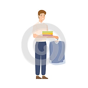 Smiling cartoon male courier delivery dry cleaning clothes vector flat illustration. Positive man worker of laundry