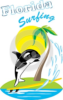 Smiling cartoon orca whale on a surfboard