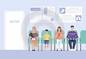 Smiling cartoon people sitting on chairs waiting doctor appointment at hospital vector flat illustration. Man, woman and