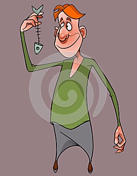 Smiling cartoon red haired man looking at fish skeleton in hand