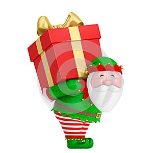 Smiling cartoon Santa Claus or fairy dwarf in traditional elf costume carry on back big red gift box with golden ribbon and bow