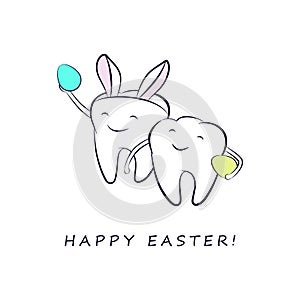 Smiling cartoon teeth with colorful Easter eggs and in a costume with bunny ears.