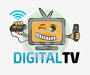 Smiling cartoon TV or computer monitor with happy face holding a remote control and TV set-top box. Digital TV logo Template. TV