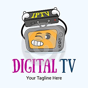 Smiling cartoon TV or computer monitor with happy face holding TV set-top iptv box. Digital TV logo Template. TV company. Creative