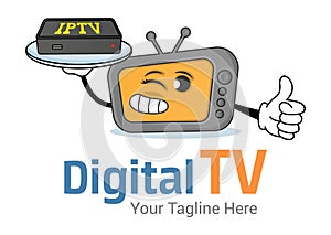 Smiling cartoon TV or computer monitor with happy face holding TV set-top iptv box. Digital TV logo Template. TV company. Creative